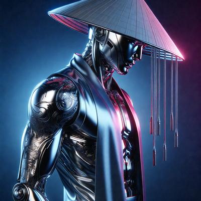The primary subject of the image is a robot with a hat on its head. The robot is wearing a silver outfit and has a blue background. The visual style of the image is digital art, and the colors and mood are predominantly blue and futuristic.